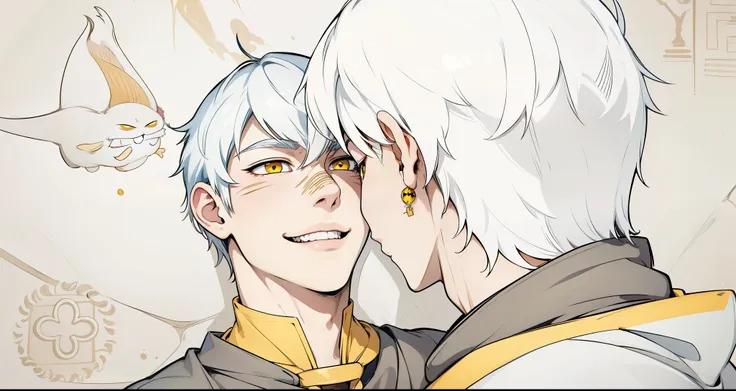 cute 17 year old boy smiles mischievously mischievously speaks mischievously yellow eyes white hair