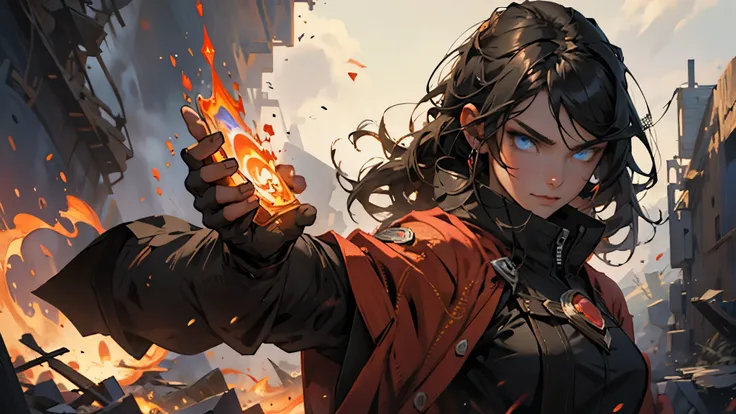 female fire mage, black hair, blue eyes.