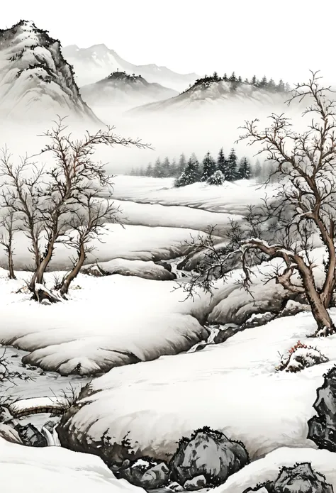 hyperrealistic art chinese painting,ink water,landscape,snow,white background, . extremely high-resolution details, photographic...