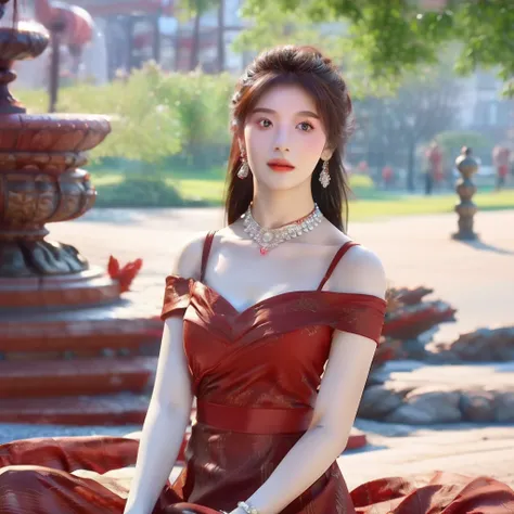 best qualtiy,tmasterpiece,high resolucion;,1girll,Red floral dress,red dress,Gorgeous and extraordinary dresses,Hair ornaments,Choker necklace,jewely,jewelry earrings,beautifull face,Red high-gloss lipstick,Full breasts,indeed,Dingdall Effect,realisticlyin...