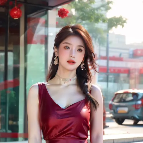 best qualtiy,tmasterpiece,high resolucion;,1girll,Red floral dress,red dress,Gorgeous and extraordinary dresses,Hair ornaments,Choker necklace,jewely,jewelry earrings,beautifull face,Red high-gloss lipstick,Full breasts,indeed,Dingdall Effect,realisticlyin...