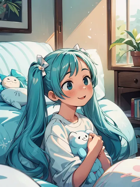 (masterpiece、highest quality、highest quality、Official Art、Beautiful and beautiful:1.2)、(One girl:1.3)Hatsune Miku、Twin tails,Big Breasts,heal，Reject EMO，very happy，very happy，Face life with a smile，Light of the sun，Long white hair，Fluffy winter pajamas，Hou...