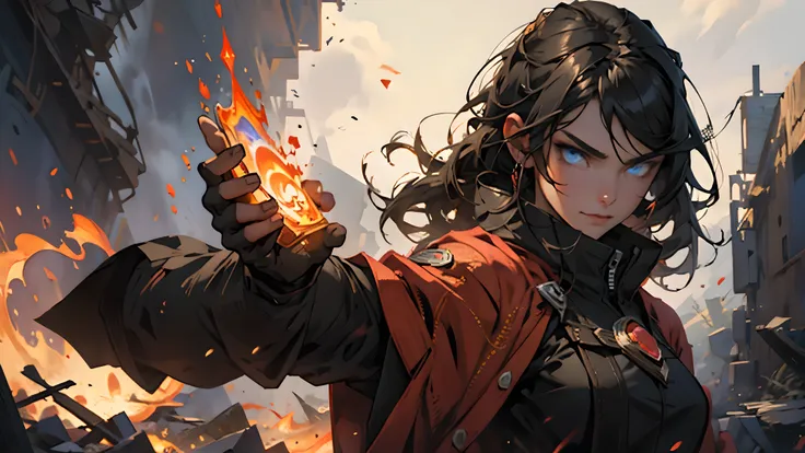 female fire mage, black hair, blue eyes.