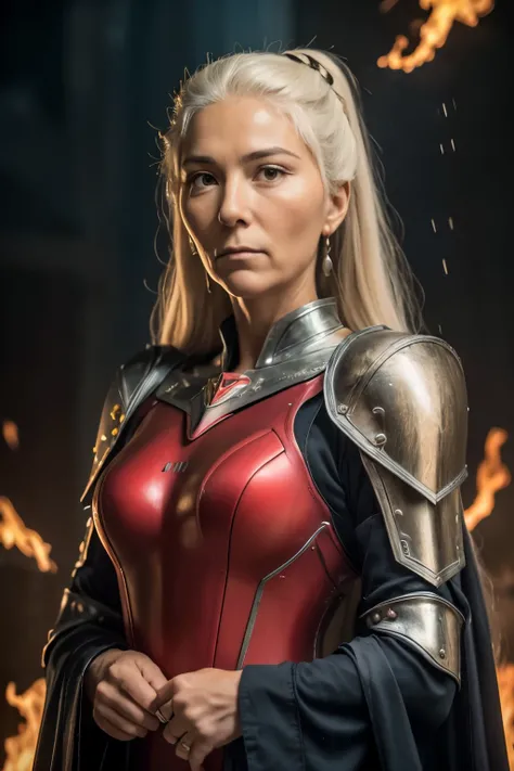 (((Cinematic heavy metal poster))) of Rhaenys Targaryen, (((old woman, 60 years old))) , wearing a red armor, Gothic style,  (a detailed RAW photo ), (master part:1.0), (best quality:1.4), (Ultra Highres:1.2), (photorealistic:1.4), 8K resolution, Canon EOS...