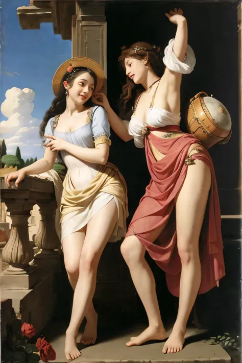 full body portrait or statue、Giorgione painting style,Arguments of two female Philosophe,math、astronomical machine、astronaut、roses in vase、fruits、Cute trinkets、smile、ancient greek costume、Ancient Roman landscape in the style of Nicolas Poussin,laughter,,Sw...