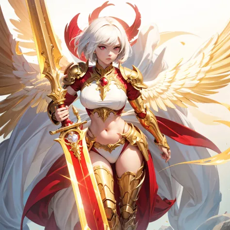 A beautiful girl with short hair, white hair and crimson eyes, wearing golden and red armor that exposes her belly, with golden wings and carrying a giant two handed sword, looking directly at the viewer, 8K HD, masterpiece, photorealistic, epic scene, Rub...