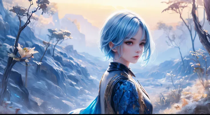 high quality,1 girl，short hair, Super detailed CG illustration of a young man with a calm expression, Stare into the distance，His striking light blue hair blew gently in the desert breeze. The landscape behind him is vast and stunning, Taking viewers into ...