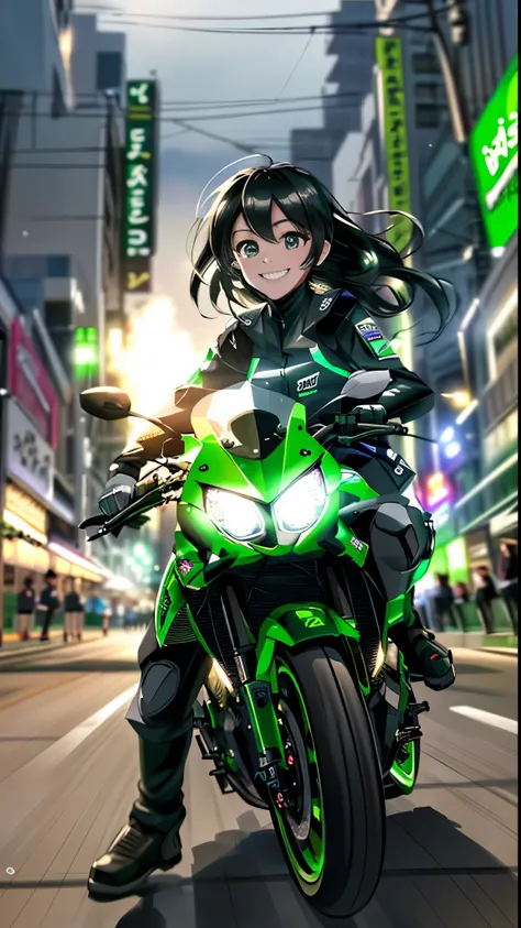 highest quality, 8k, High resolution, masterpiece, (Portraiture: 0.6), Kawasaki motorcycles racing through the city at high speeds,(Slow motion:1.3),(Motion Blur:1.3),(Speed Line:1.4),Speed,One girl,Sparks and smoke coming from tires, Black Hair, Medium Ha...