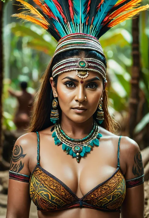 Foto RAW, skin glistening by sweat, looks like Nayanthara, thick figure, curvy, milf, 50 years old Woman, tattoo in the middle of her breast, with realistic Indian headdress , tribal girl, stunning looks, tribal headdress, tattoos, colourful tribal tattoos...