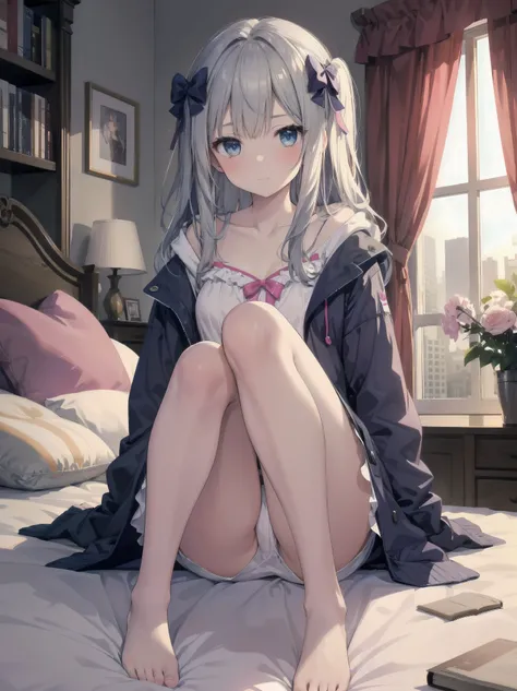 1girl, solo, long hair, looking at viewer, blush, bangs, blue eyes, long sleeves, bow, sitting, closed mouth, collarbone, jacket, hair bow, grey hair, thighs, frills, open clothes, indoors, hood, legs, book, bare legs, window, bed, on bed, stuffed toy, pin...