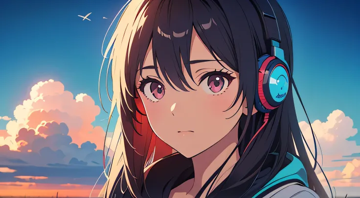 Absurd, High resolution, (Official Art, beautifully、aesthetic:1.2), Close-up, Bright Sky, A vast world, girl, Wear headphones, stare, Awe-inspiring expressions, Distant Horizon, cloud, High Hill, Natural Beauty, Inspiration, Light effects,