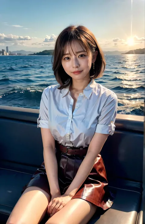 Night is approaching、The sky turns red、Woman standing on a boat、Light brown hair、Elegant hairstyle、Blue Eyed Woman、A woman with a cute upward gaze、When the sky gets dark、The gentle lights of the ship shine、The sky turns red as the sun sets、Tight clothing t...