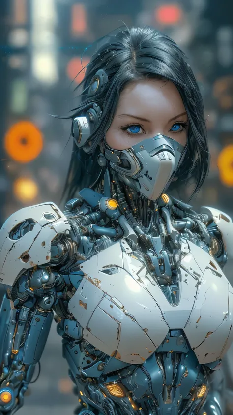 Super realistic, hyper realistic, super detailed, (cybersamurai girl, long hair, blue eyes, black hair, cleavage, upper body, armor, blurry, clothing cutout,, blurry background, science fiction, mouth mask, cyborg, mechanical humanoid, cyberpunk, katana on...