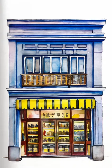 building,plants,electric pole,wire,bakery,bread,,dongjing,shop,front view,watercolor,no humans,white background,traditional medi...