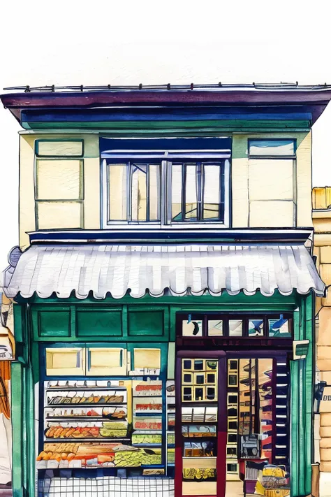 building,plants,electric pole,wire,bakery,bread,,dongjing,shop,front view,watercolor,no humans,white background,traditional medi...