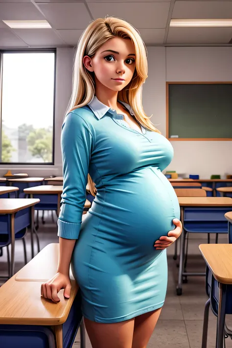 a 25 year old pregnant woman in a classroom looking at the camera