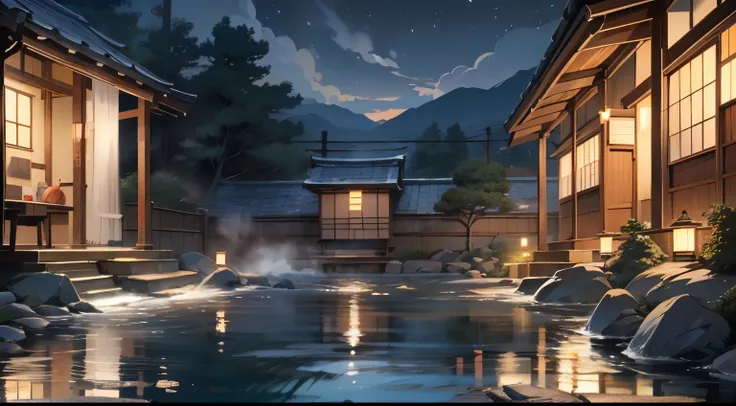 A Japanese onsen outdoor, natural, at night, no people, no one there, steaming