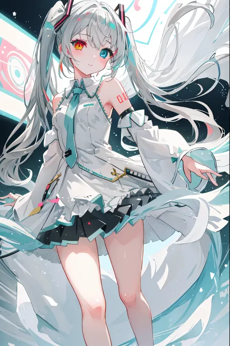 masterpiece, highest quality, Super detailed, figure, Very delicate and beautiful, One girl, alone, A light smile, Hatsune Miku,Twin tails,(Live Stage), Particles of light, ((Gray Hair)), Fluffy hair, ((((Heterochromia iridis)))), ((Red Eye)), Green Eyes