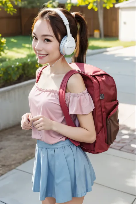 masterpiece, hd, realistic, brown hair, ponytail, smile, wearing white headphones, (headphones:1.2), jbl