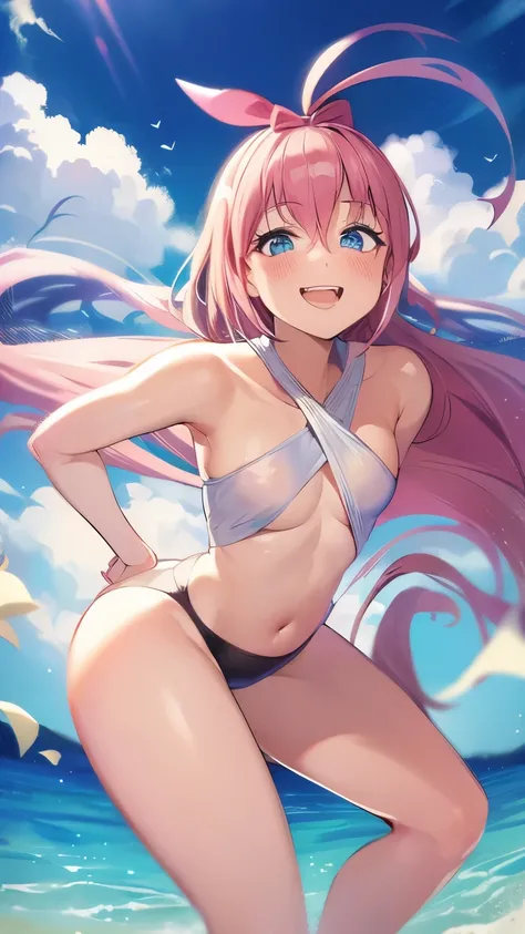 ((highest quality)), ((masterpiece)), (detailed), Perfect Face, Ahoge　Pink Hair　Fair skin　Small breasts　Swimwear　Ocean　