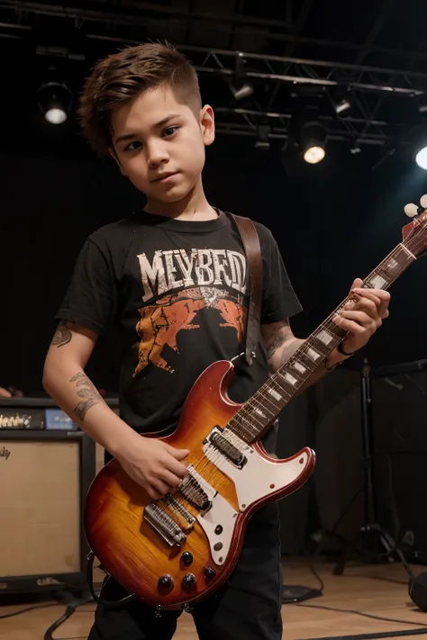 a young boy undercut hair using red gibson gitar play a metal melody with his complete band on stage look from the audience angle full view