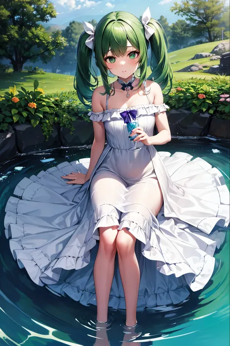 One girl, alone, hair ornaments, Green Hair, Twin tails, Long Hair, dress, water