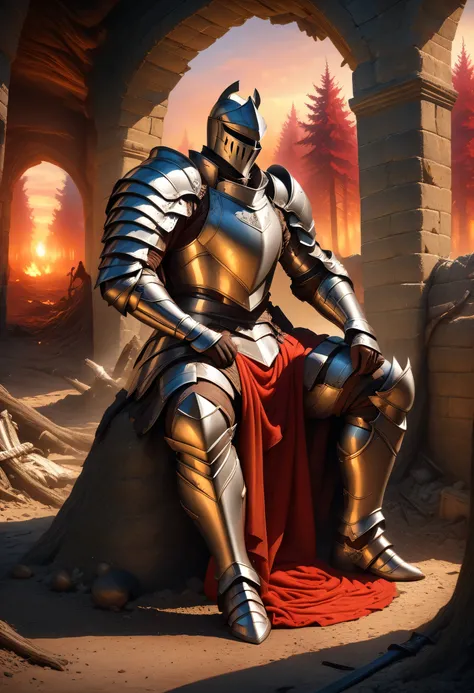 , Best quality, masterpiece, ultra high resolution, (realism: 1.4), original photo, (realistic skin texture: 1.3), (Granularity: 1.3), Knight, paladin, Heavy Armor, injured, Sits against the wall, sword stuck in the ground, the helmet lies nearby, epic pos...