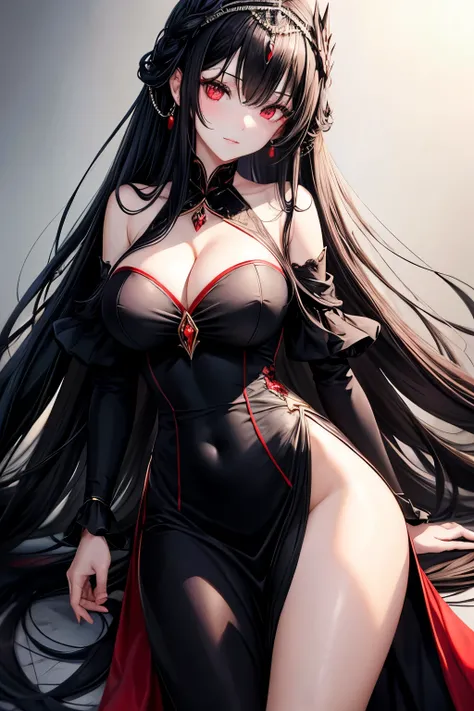 Long black hair, red eyes, big breasts, royal sister, black dress