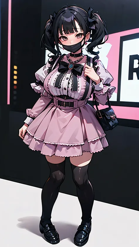 (8k、Best image quality、highest quality、masterpiece)、Detailed face、One Girl、Black Hair、((Twin tails))、Blunt bangs、short hair、Wavy Hair、Grey Eyes、Earrings、Wicked Smile、Grin、mask_Pull、Colossal breasts、((Pink clothes))、Frills、Black Ribbon、Black mini skirt、Fril...