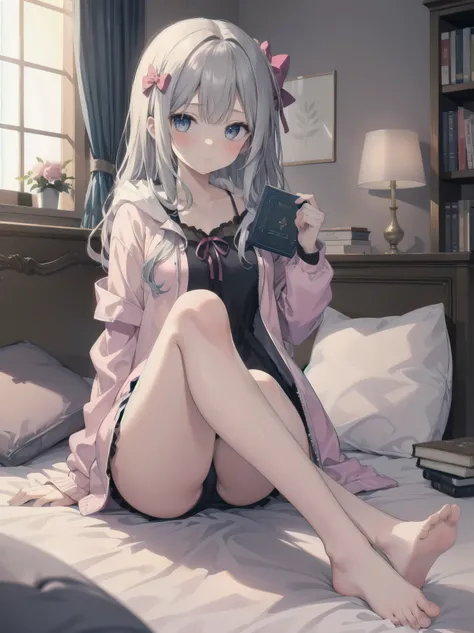 1girl, solo, long hair, looking at viewer, blush, bangs, blue eyes, long sleeves, bow, sitting, closed mouth, collarbone, jacket, hair bow, grey hair, thighs, frills, open clothes, indoors, hood, legs, book, bare legs, window, bed, on bed, stuffed toy, pin...