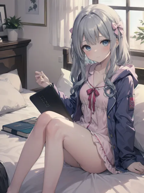 1girl, solo, long hair, looking at viewer, blush, bangs, blue eyes, long sleeves, bow, sitting, closed mouth, collarbone, jacket, hair bow, grey hair, thighs, frills, open clothes, indoors, hood, legs, book, bare legs, window, bed, on bed, stuffed toy, pin...