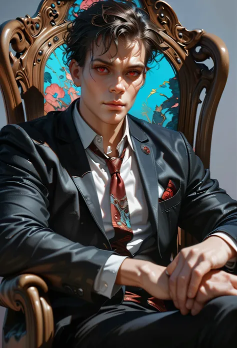 very detailed portrait of a young man in a strict black suit, sitting cross-legged and holding a gun, (carved stylish chair, with armrests), (Art Nouveau style, cyber punk), with bright red eyes, black hair and tie (best quality, 4k , 8k, High Definition, ...