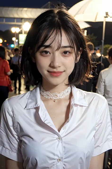 (8k, top quality, masterpiece: 1.2), (realistic, photorealistic: 1.37), super detailed, girl 1 person, 17 years old, solo, small breasts, beautiful detailed sky, detailed café, night, (blush), (smile: 1.15), (closed mouth), small, (shirt with collar: 1.1),...