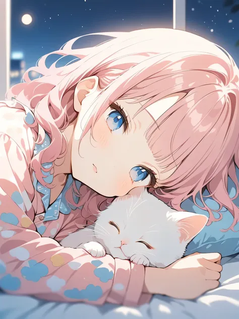 Anime Style, Super precise illustration, Very detailed, beautiful, 8k,1 cute girl,(cute:1.3),pink hair,short straight bangs,blue eyes, Snazzy, trendy clothes,blurry,(Depth of written boundary:1.1),head tilt,kitten,pajamas,night,room,bed,(Lying on side),(cl...