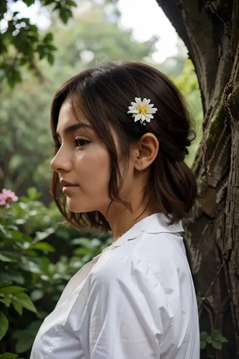 Arbol, flores, cielo, cascadas, mujer con cabello rubio 