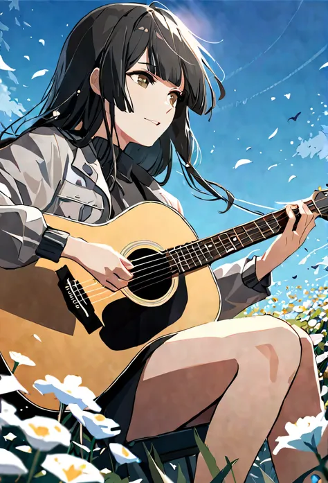masterpiece,best quality, 1 girl, solo, eda, bangs, black hair, blue sky, white flowers, jacket, she is playing guitar, she is sitting in the flowers