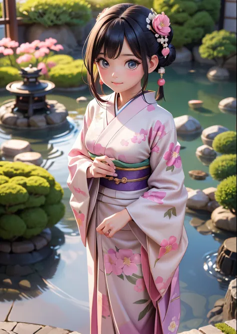 (masterpiece, highest quality, highest quality, Official Art, beautifully、aesthetic:1.2)、Cowboy Shot、 (1 Japanese kimono beautiful girl)、(Pink and purple floral patterned kimono)、A gorgeous kimono worn by women at Japanese Coming of Age ceremonies、The coll...