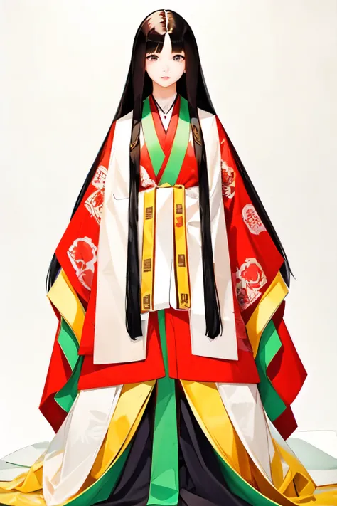 (masterpiece, highest quality:1.2), One girl, junihitoe, solo, Straight long black hair、Have hiohgi、Xifeng、Blank background