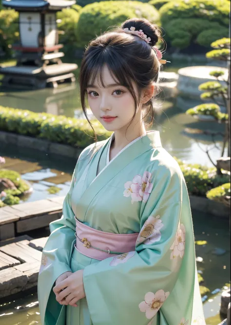 (masterpiece, highest quality, highest quality, Official Art, beautifully、aesthetic:1.2)、Cowboy Shot、 (One Japanese kimono beauty)、An elegant adult woman、(Pink and green floral patterned kimono)、A gorgeous kimono worn by women at Japanese Coming of Age cer...