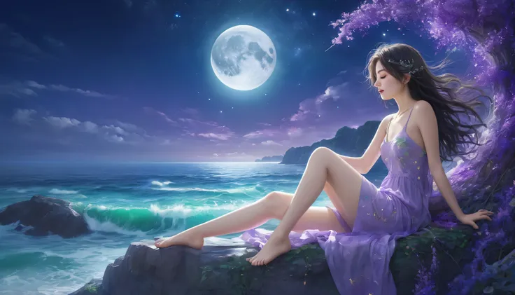 moon、、Ocean、young woman、sleep、green、purple、Fantasy、Starry Sky、high resolution、8k、detailed