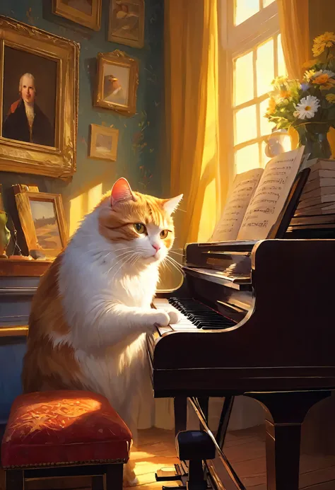 there is a cat that is play piano in a room, cat [ play piano ], pianist, praise art, praise artstyle, praise portrait, praise f...