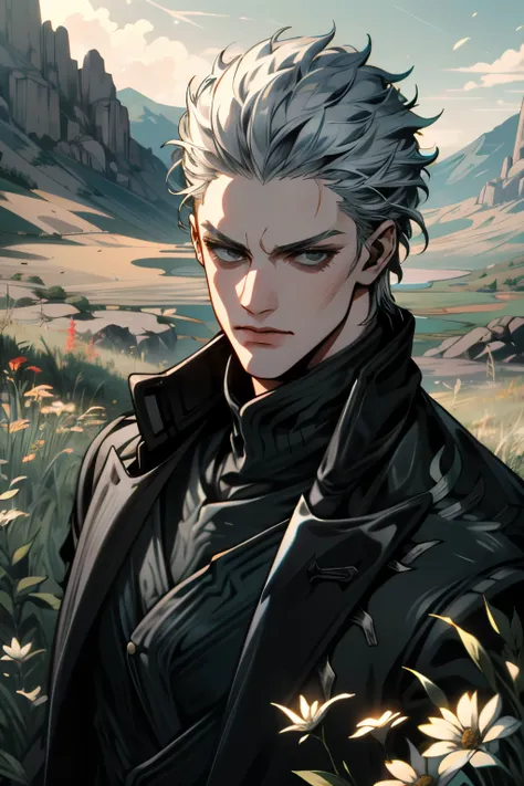 ((super detailed, masterpiece, absurd))
 dmc5 vergil, one boy, alone, short hair, gray hair, meadow with wildflowers, dynamic li...