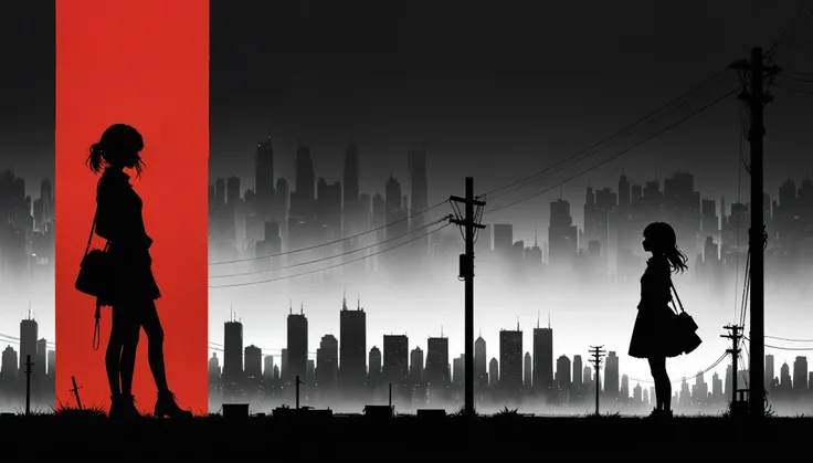 (in style of Ashley Wood:1.3),(in style of Takeshi Obata:0.9),
black and white urban skyline background,protruding utility poles,(a red silhouette of a young girl:1.6),minimalist silhouette,red silhouette,black and white background,wide_shot,silhouette of ...