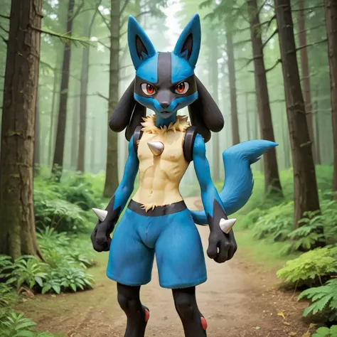 anime style, masterpiece, lucario_(pokemon), looking at viewer, standing in forest,