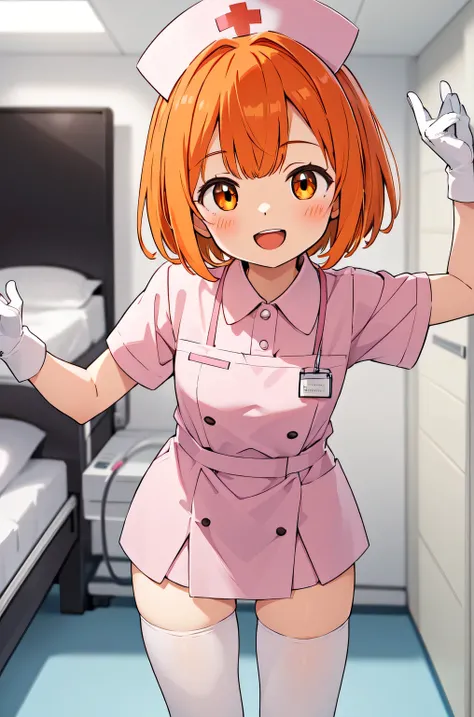1girl, solo, nurse, nurse cap, white nurse uniform, ((white legwear, zettai ryouiki)), white gloves, very short hair, orange hair, smile, open mouth, standing, ((hospital room)), sharp outline, short sleeves, tomboy, boyish, best quality, masterpiece