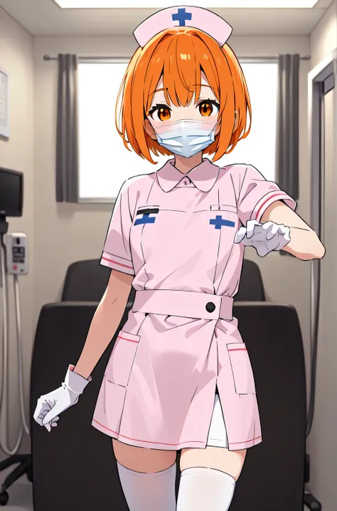 1girl, solo, nurse, nurse cap, white nurse uniform, ((white legwear, zettai ryouiki)), white gloves, very short hair, orange hair, ((white surgical mask, covered nose)), standing, ((hospital room)), sharp outline, short sleeves, tomboy, boyish, best qualit...