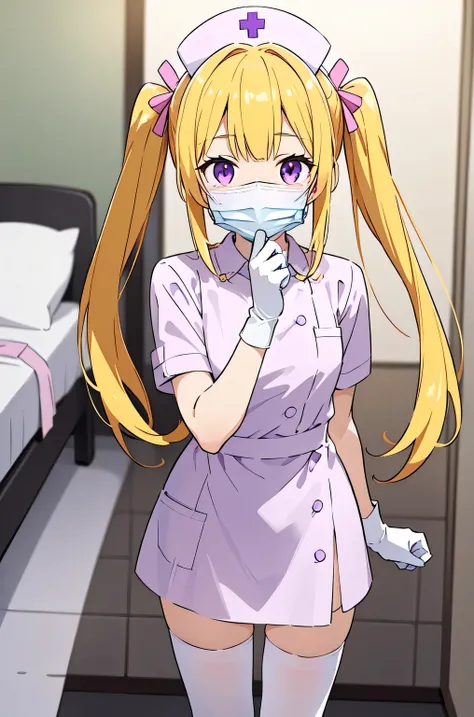 1girl, solo, nurse, nurse cap, white nurse uniform, ((white legwear, zettai ryouiki)), white gloves, twintails, yellow hair, purple eyes, ((white surgical mask, covered nose)), standing, ((hospital room)), sharp outline, short sleeves, best quality, master...