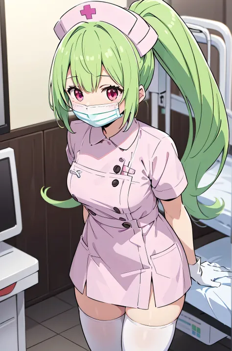 1girl, solo, nurse, nurse cap, white nurse uniform, ((white legwear, zettai ryouiki)), white gloves, ponytail, green hair, pink eyes, ((white surgical mask, covered nose)), standing, ((hospital room)), sharp outline, short sleeves, best quality, masterpiec...