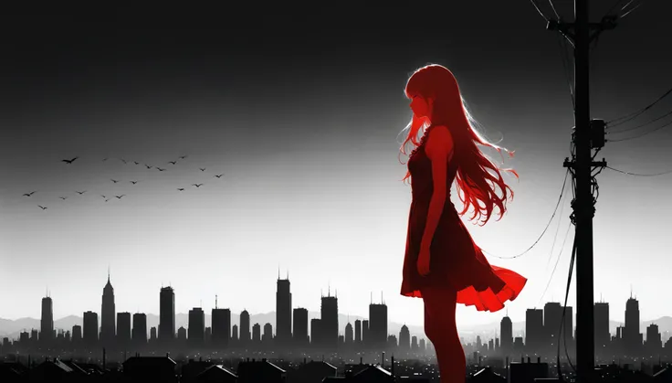 (in style of Ashley Wood:1.3),(in style of Takeshi Obata:0.9),
black and white urban skyline background,protruding utility poles,(a red silhouette of a young girl:1.6),minimalist silhouette,red silhouette,black and white background,wide_shot,silhouette of ...