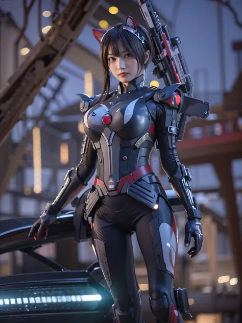 Masterpiece, (ultimate quality:1.2), 8k, Japanese woman in honet-type powered suit, silver base with green and red accents, very beautiful face, mechanical, (mechanical bat wings), hydraulic cylinder, power pipe, ultimately intricate details, full body sho...